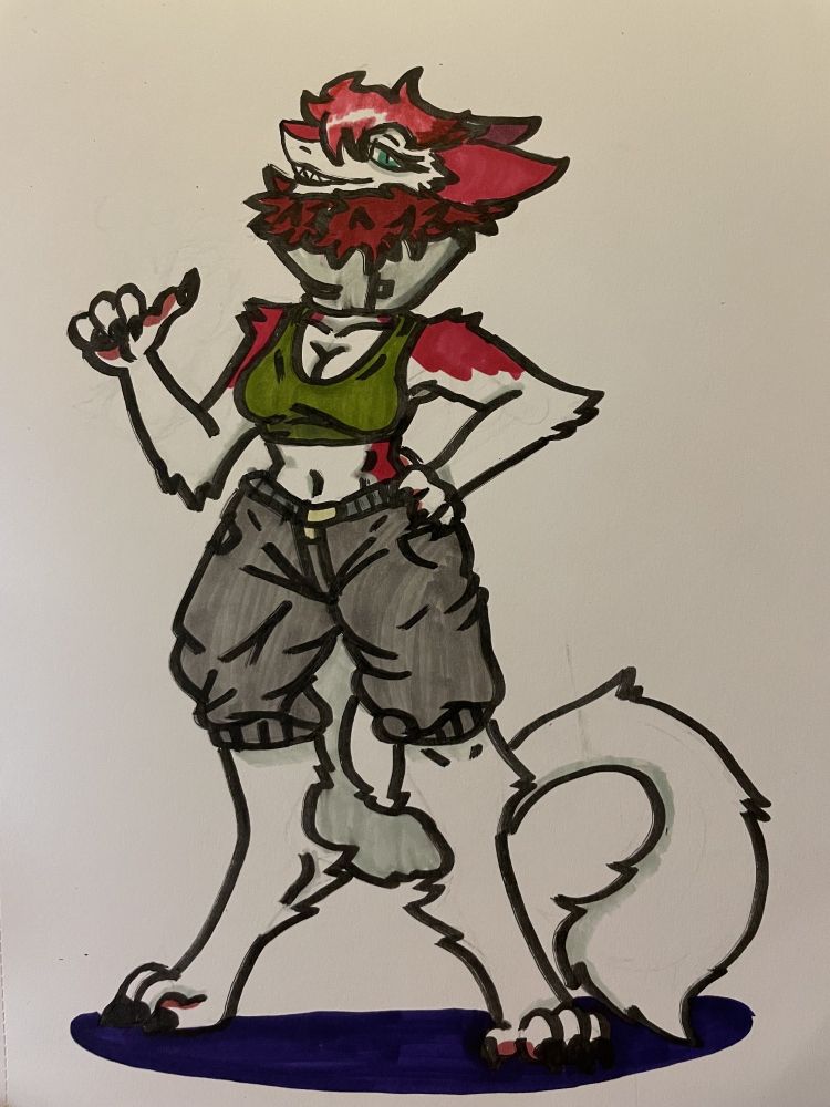 Red and white sergal with the veterinarian Cone of Shame on.