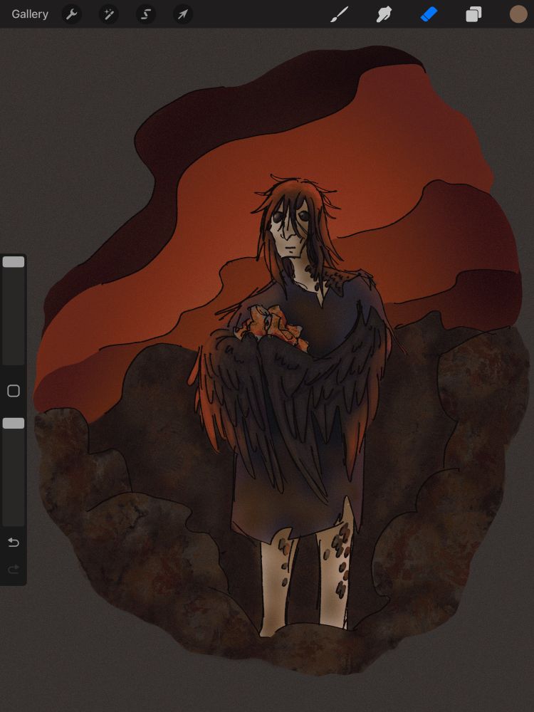 A Buzzard from WOD standing in a dump with burnt umber smoggy skies. They are partially transformed and are holding several rusty cans, with a scrappy blue tshirt and medium-length greasy black hair.