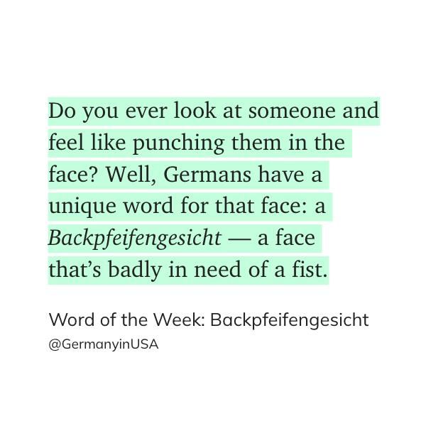 Do you ever look at someone and
feel like punching them in the
face? Well, Germans have a
unique word for that face: a
Backpfeifengesicht — a face
that's badly in need of a fist.
Word of the Week: Backpfeifengesicht
@GermanyinUSA