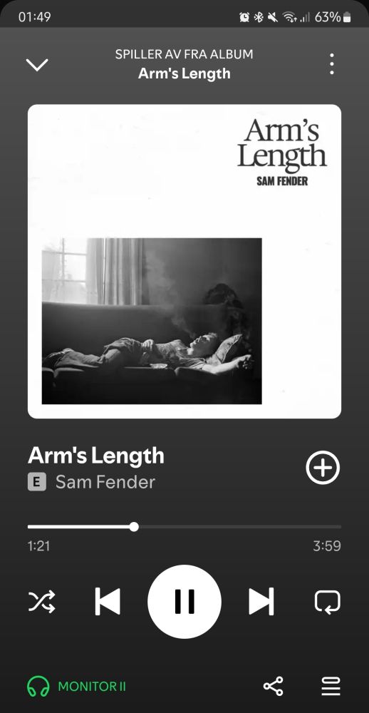 Skjermdump fra Spotify av sangen "Arm's Length" av Sam Fender
