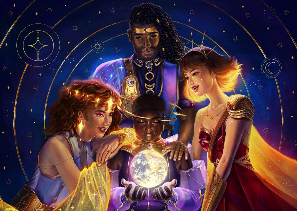 Artwork by Superstellar (@superstellart.bsky.social) celebrating Eclipsed Sounds' 4th anniversary. Featuring Synthesizer V SOLARIA, ASTERIAN, SAROS & NYL gathered around the glowing Earth, with a starry backdrop.