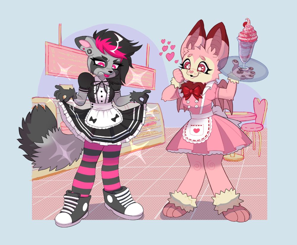 Illustration of two anthro characters at a maid cafe. The left one is wearing a black and white maid dress and is looking at their dress with disgust. The right one is wearing a pink maid dress, holding a pink drink, and is looking at the other character's dress adoringly.