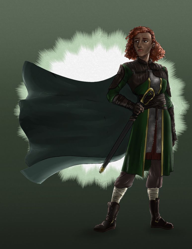 Illustration of Reya Mantlemorn from D&D/Baldur's Gate. She is wearing a green tabard and green cape, which flutters in the wind. She is gripping her sword which is resting at her hip.