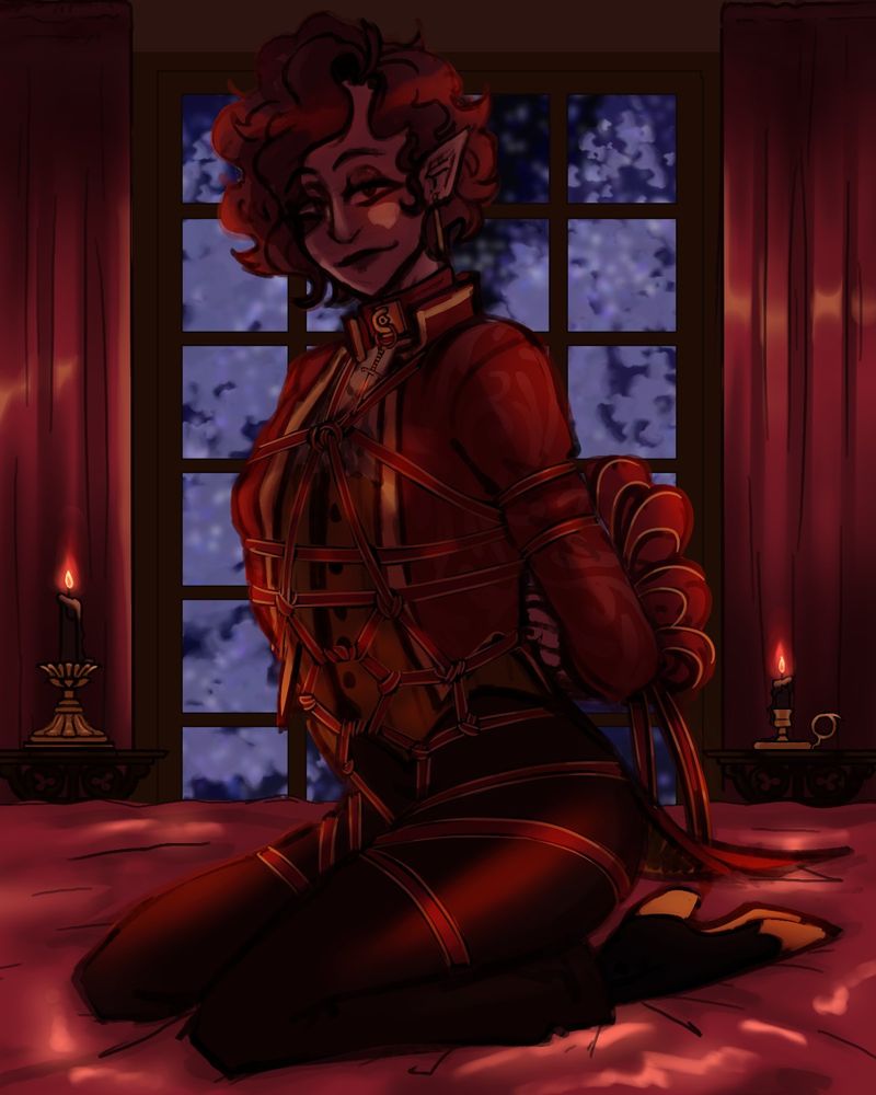 Illustration of a vampire kneeling on a bed, tied up with a ribbon twisted into shibari knots. They are fully clothed and there are lit candles and a large window in the background