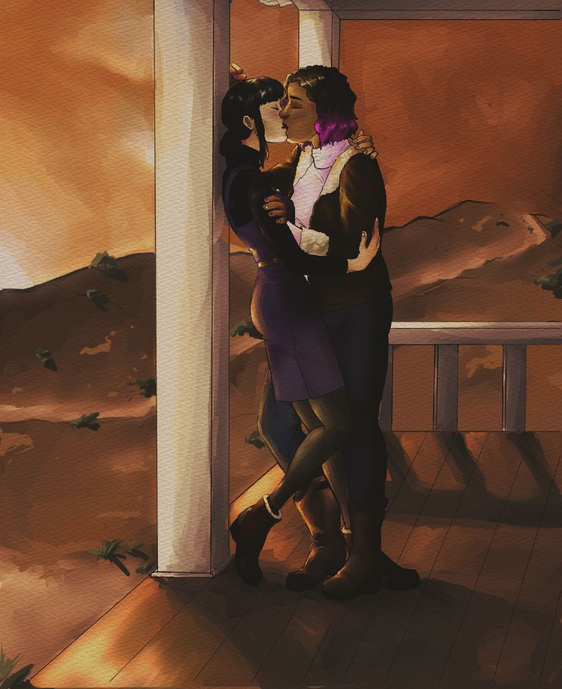Illustration of two women kissing on a porch. One of them has her back pressed to a column. The background is of a windswept hill at sunset.