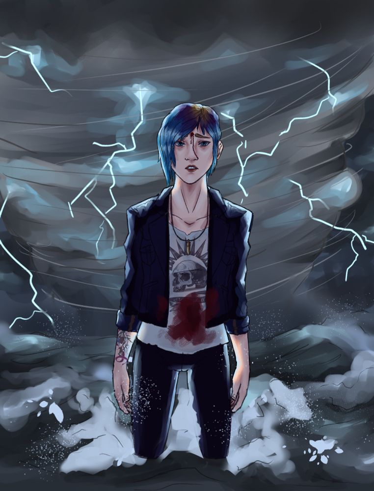 Illustration of Chloe Price from Life is Strange with a sad expression. She is in front of a storm/tornado and has blood on her forehead and stomach.