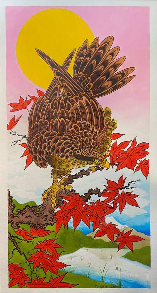 A painting of a Hawk sitting on a maple tree branch with Mt Hood landscape in the background. 