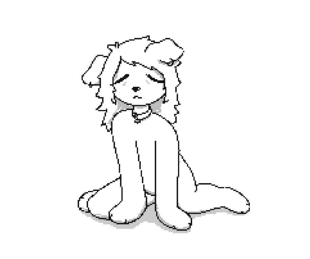 pixel art of a puppy girl looking sleepy and propping herself up by her arms