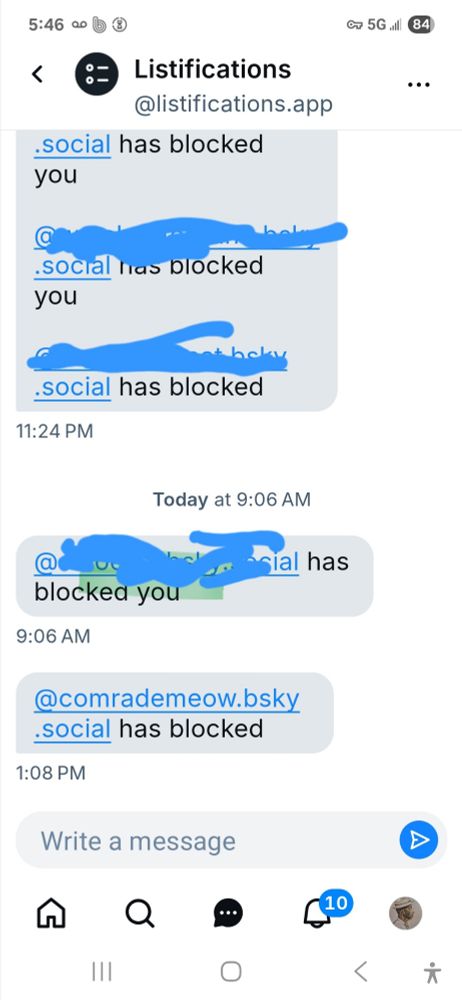 Screenshot of a list of accounts that have blocked me, names mostly blurred except for Comrade Meow