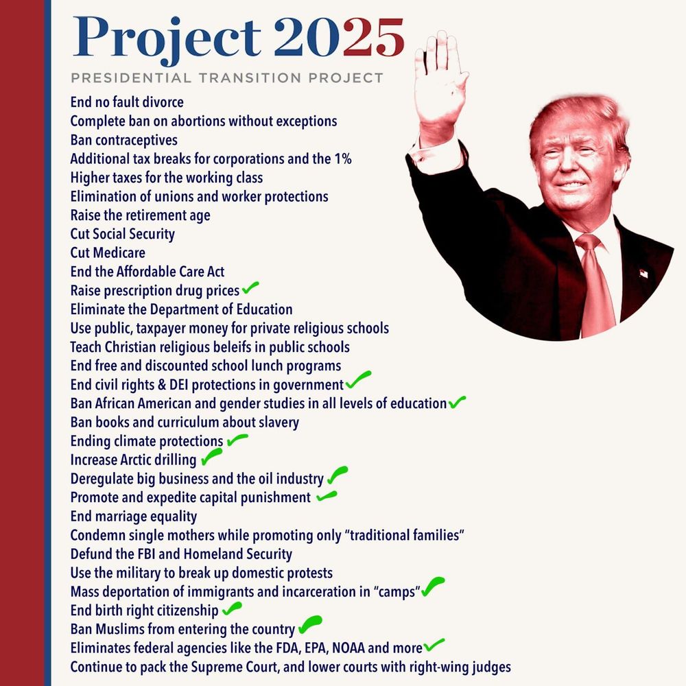 This is a graphic listing the harmful goals of Project 2025 and showing which ones Trump has already enacted with his executive orders.