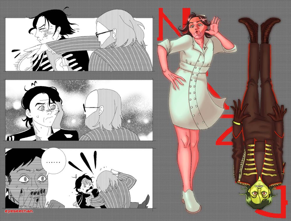 An illustration of band My Chemical Romance. On the left is a comic of the slap moment during the Long Live the Black Parade tour referencing a similar moment from the manga Dungeon Meshi. Gerard was is slapped by the clerk, has an uwahhhhh moment, and then them and the clerk begin to fight as Frank looks on in silent, yet comedic horror. On the right are illustrations of Gerard Way in a nurse outfit (right side up) and Gerard in their Draag uniform (upside down). The nurse illustration has them in an inviting, cute pose with their lips pursed. The uniform illustration has them with their eyes wide open, stiff like a corpse. Behind these two illustrations is the word "Behave" in Keposhka, going down in a diagonal line and in red.