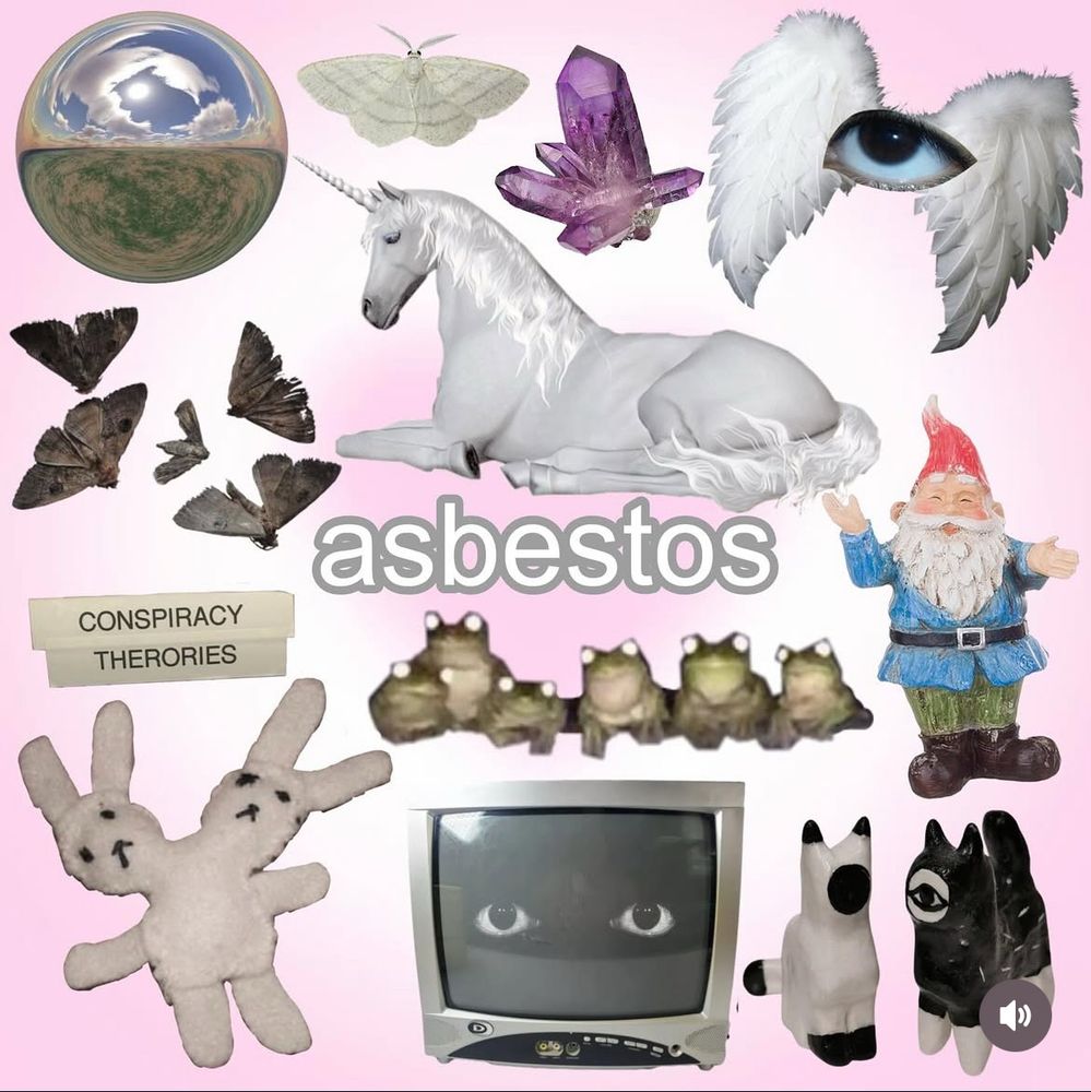 Graphic by kittykittyivy on instagram

collage on a pink background featuring a mix of whimsical and eerie objects. Items include a white unicorn, a gnome, a crystal, white wings with a human eye, several moths, a mirrored sphere reflecting clouds, a label reading “CONSPIRACY THEORIES,” a group of small frog figurines, a two-headed stuffed bunny toy, two stylized cat figures (one white and one black), and an old computer monitor displaying a pair of human eyes. The word “asbestos” is written in the center in gray lowercase text.