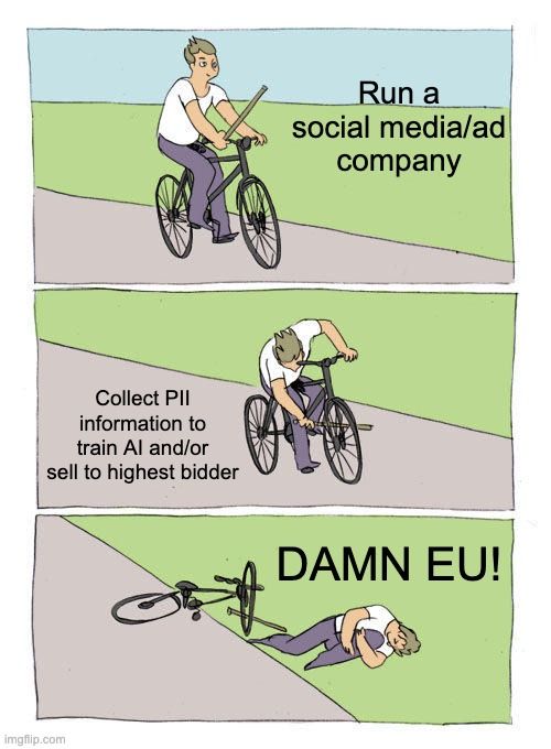 A man riding a bicycle. The first panel says "Run a social media/ad company." In the second panel, the man sticks a stick into his own front wheel with the text "Collect PII information to train AI and/or sell to highest bidder." In the third panel, he is on the ground in pain saying "DAMN EU!"