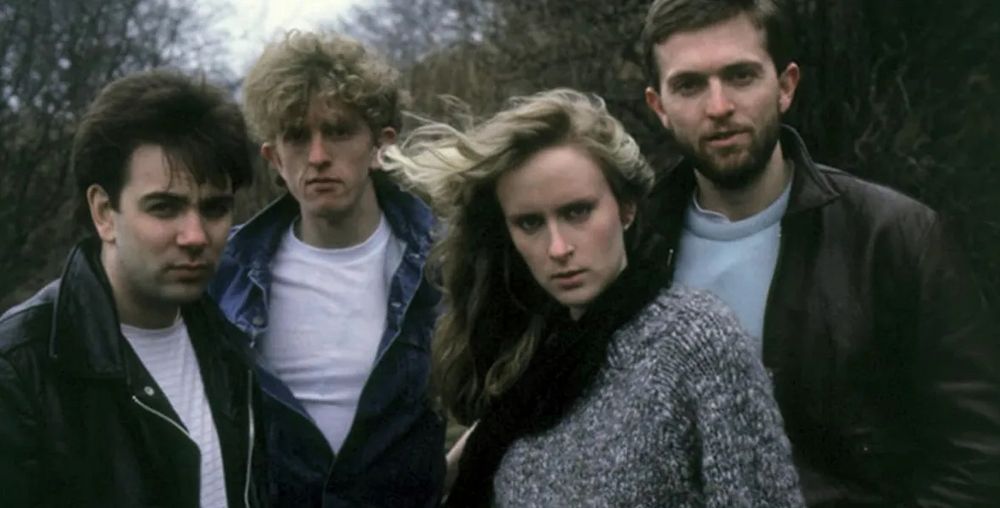 Publicity photo for Prefab Sprout's 1985 album "Steve McQueen" (aka "Two Wheels Good" in North America): Neil Conti, Martin McAloon, Wendy Smith and Paddy McAloon