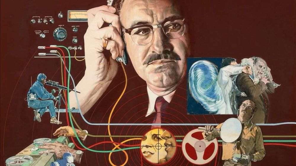 Poster art for THE CONVERSATION (Coppola, 1974) showing Gene Hackman as wiretapper Harry Caul listening to elements of the conspiracy he’s been hired to record for mysterious reasons 