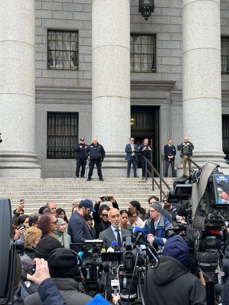 Ramzi Kassem, Mahmoud Khalil’s lawyer and the director of CUNY CLEAR, addresses a gaggle of reporters and other media outside the Thurgood Marshall Courthouse in lower Manhattan on March 12, 2025.