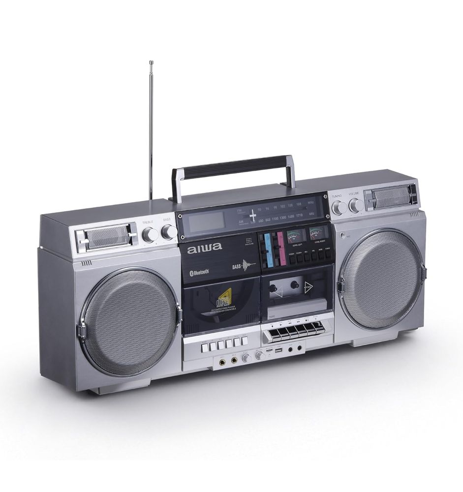 Product image of an aiwa Retro Boombox CD Player with Cassette Recording in silver gray. 