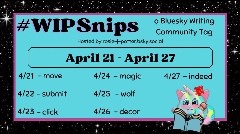 The #WIPSnips words for April 21st for April 27th are April 21 - move; April 22 - submit; April 23 - click; April 24 - magic; April 25 - wofl; April 26 - decor; April 27 - indeed.