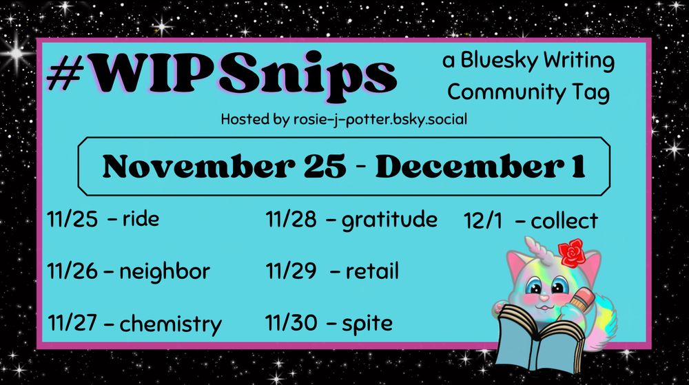 The #WIPSnips words for November 25 - December 1

November 25 - ride; November 26 - neighbor; November 27 - chemistry; November 28 - gratitude; November 29 - retail; November 30 - spite; December 1 - collect