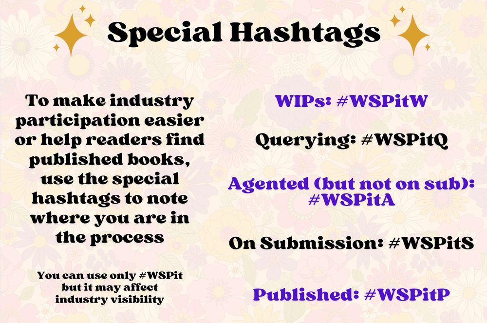 To make indsutry participation easier or help readers find published books, use the special hashtags to note where you are in the process. You can use only #WSPit but it may affect indsutry visibility. 

WIPs: #WSPitW, Querying: #WSPitQ, Agented(but not on sub): #WSPitA, On submission: #WSPitS, Published: #WSPitP

A cream background with transparent retro flowers