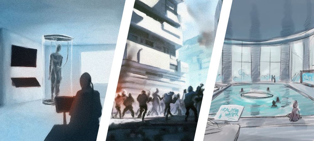 On the left: person uploading their consciousness to a cyborg
On the center: riots and civil disobedience in front of a company that offers immortality services to clients
On the right: a swimming pool that also offers rejuvenation and healing treatments for its users