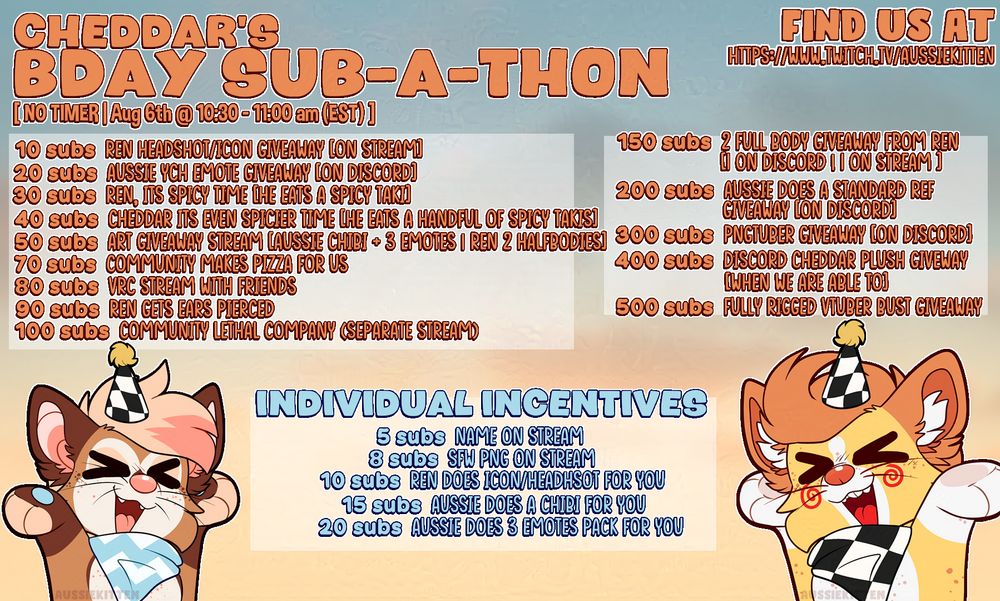 A poster showing info about Cheddar and Rennick's subathon to celebrate Cheddar's bday on the 6th of August.