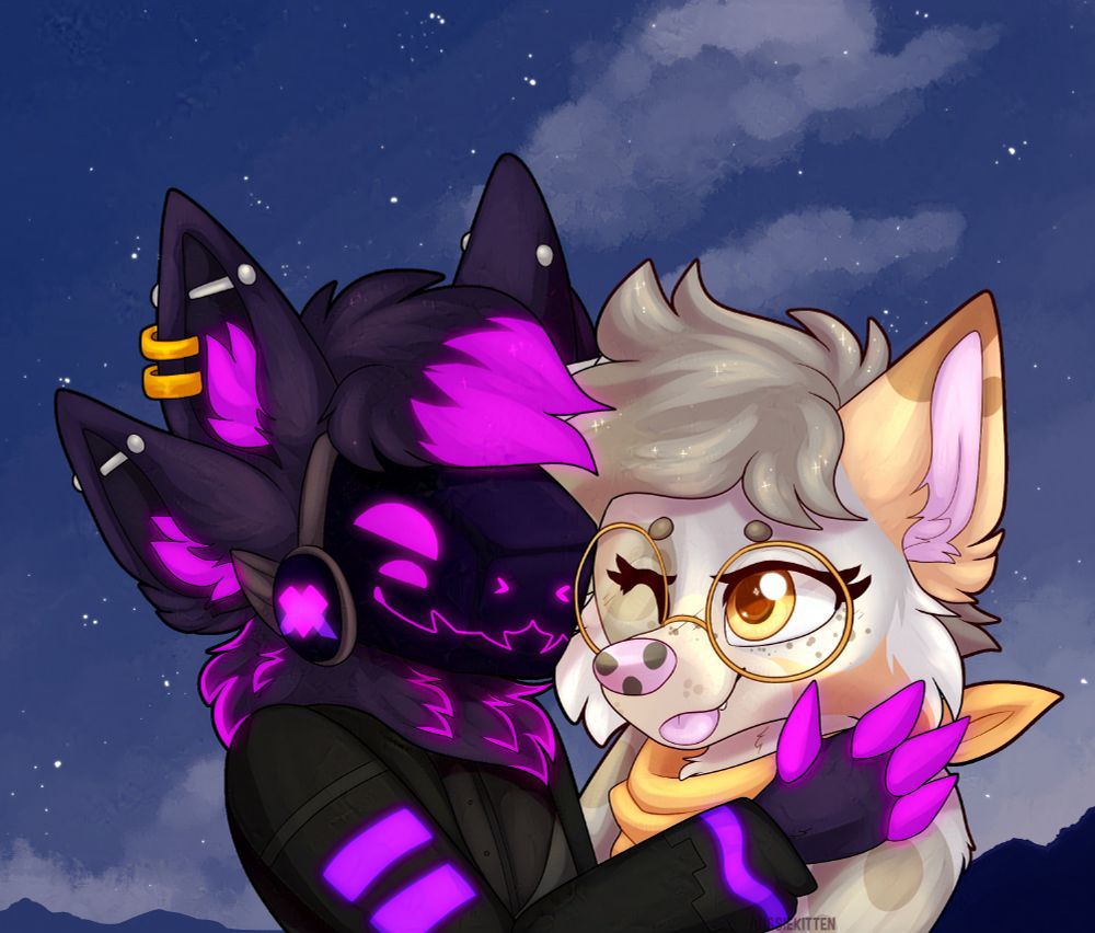 A purple protogen, and gray and cream coloured Aussie Shep anthro furries embracing under the moonlight/ night sky. 