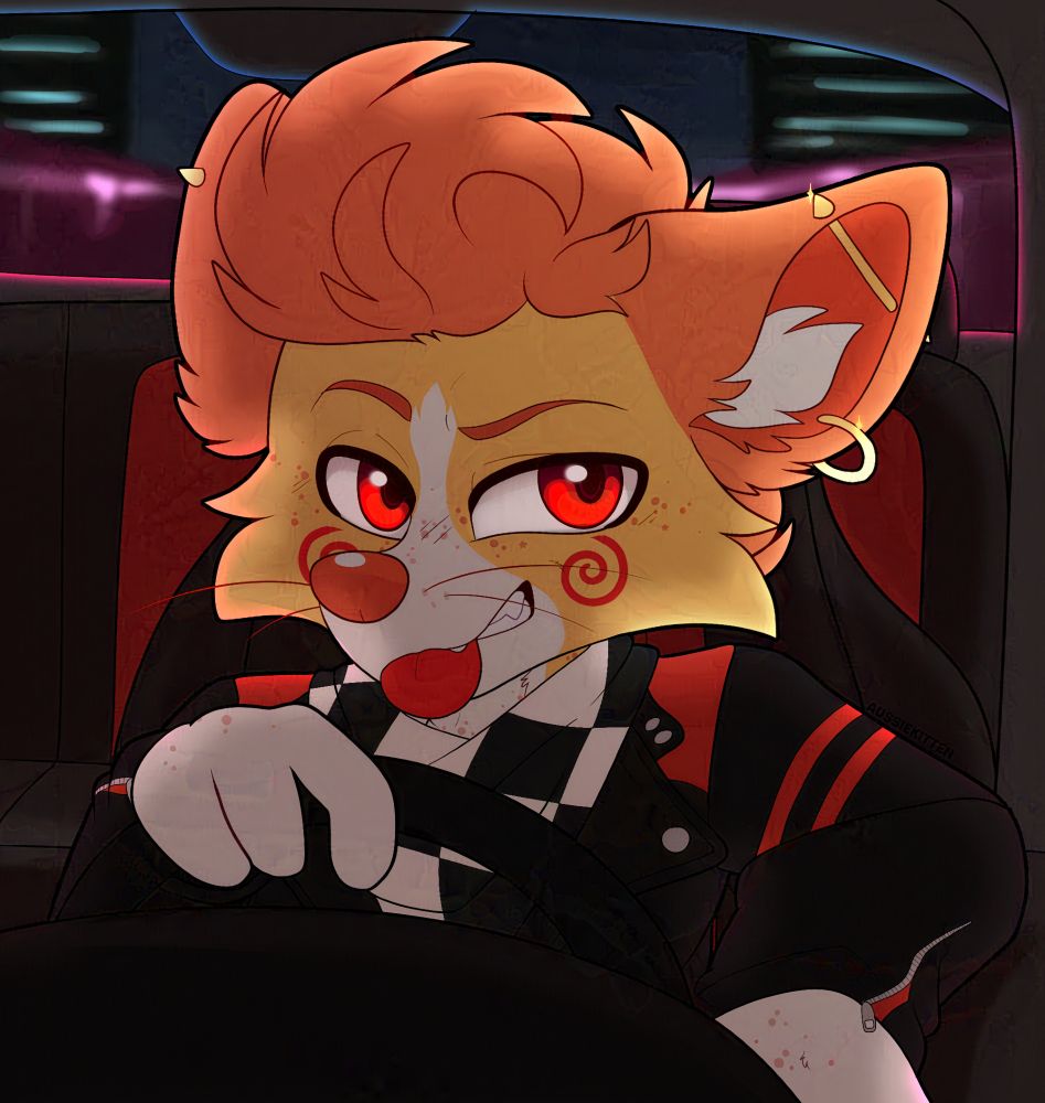 A ginger, yellow and white male anthro mouse furry poking his tongue out looking smugly at the camera while driving in his car.