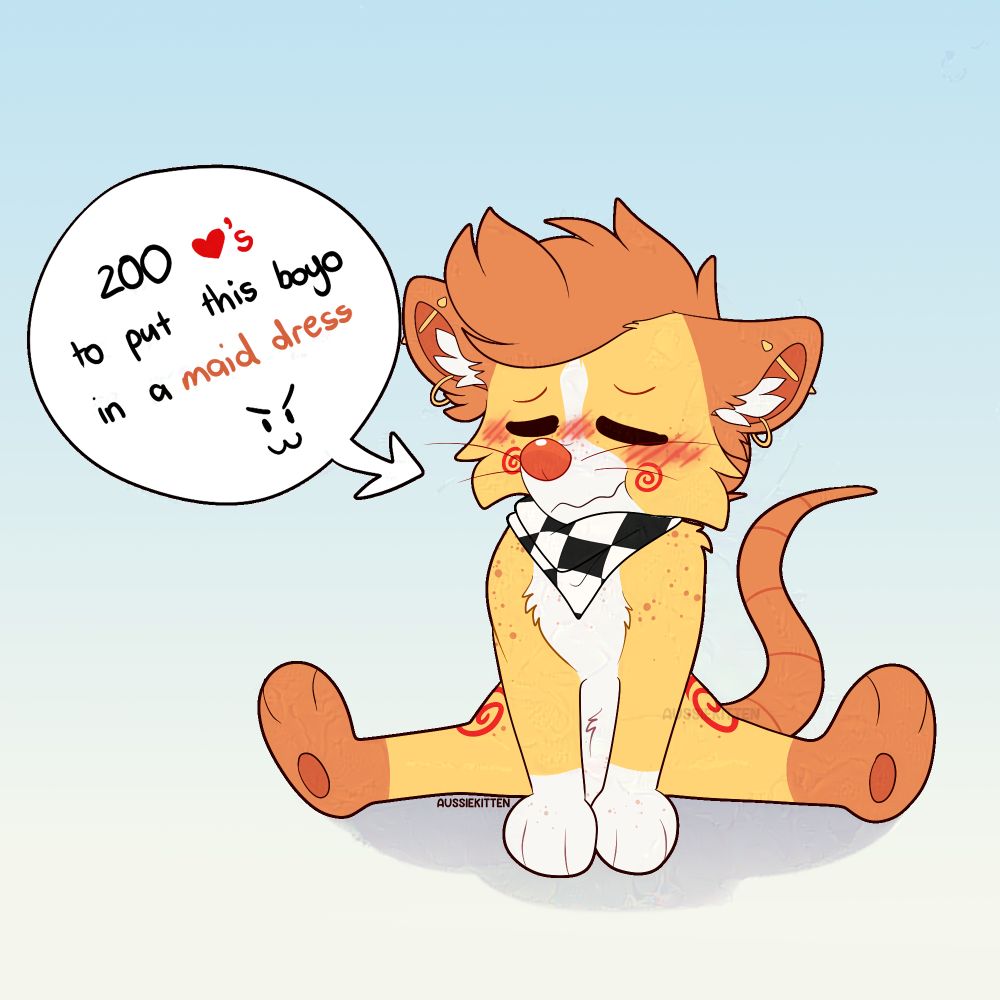 A ginger, yellow and white male mouse furry looking flustered/ embarrassed with a text bubble pointing to him saying "200 "hearts" aka likes, to put this boyo in a maid dress with a ">:3" emoticon at the end.
