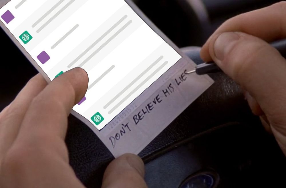 A screen grab of the movie Memento with the lead writing "Don't believe his lies" on a Polaroid altered to show a chat with ChatGPT.