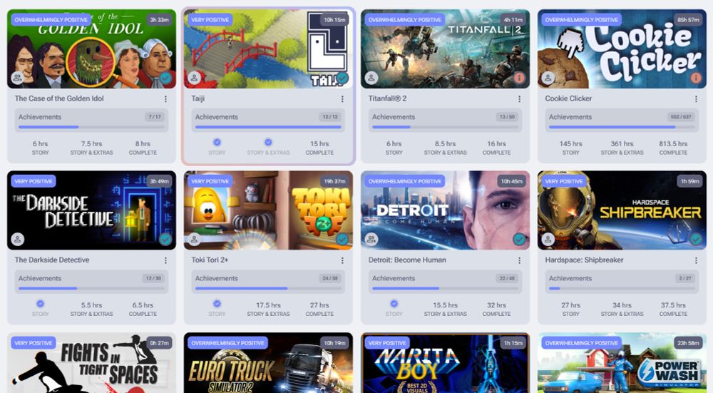 A grid of cards showing my most recently played Steam games along with how long to beat information and achievement progress.
