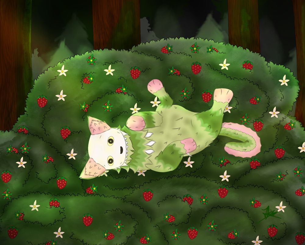 cat like creature laying on its back in a strawberry bush in the middle of the woods