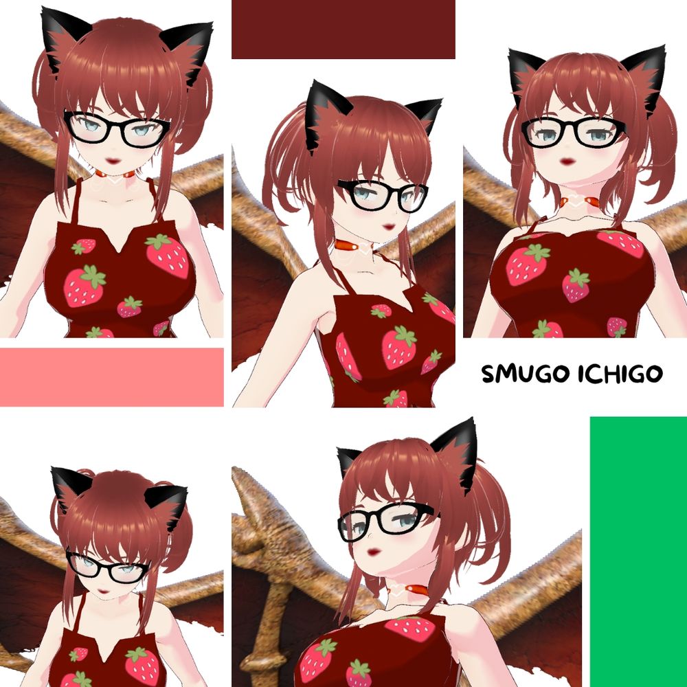 5 different angles of Choco's face with a "smug" expression. Font reads "smugo ichigo" 