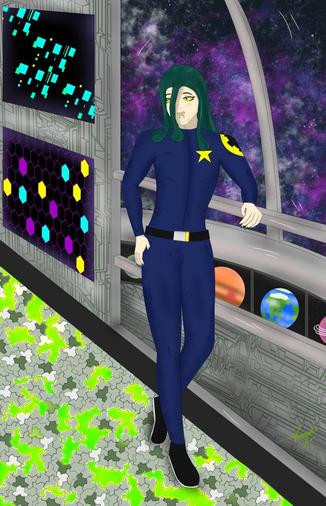 in blue overalls and striped sweater, holding hands in a heart, there are glow in the dark stars and a space background
