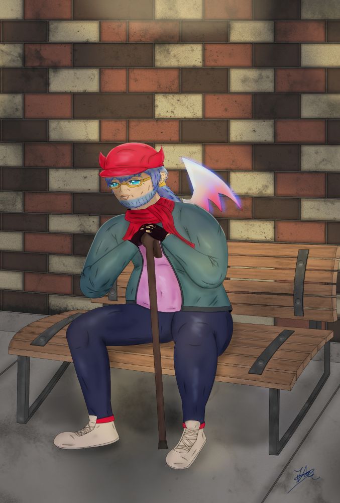 Man sitting on a bench, resting on a cane