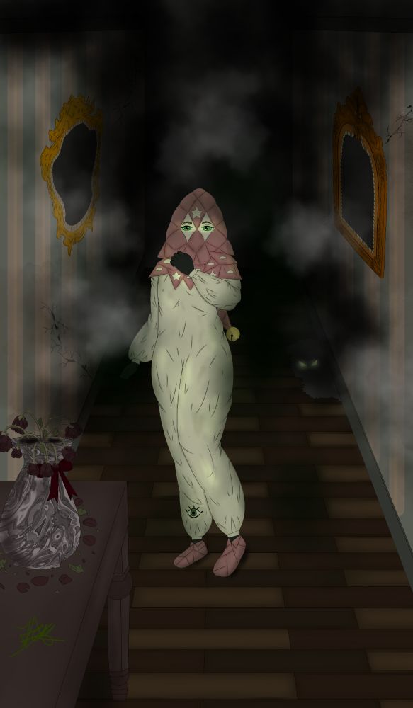 a person in a white jumpsuit, standing in the middle of the hallway surrounded by smoke