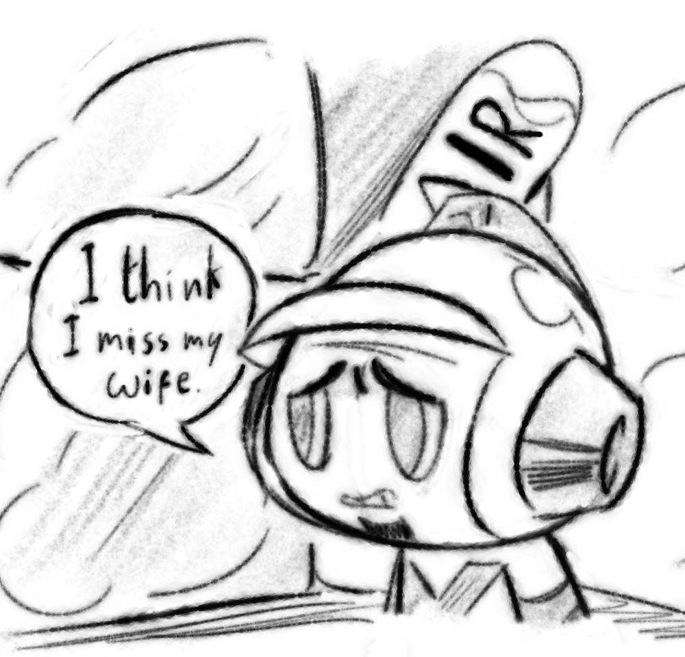 A digital sketch of Taizo Hori, Mr. Dig Dug, as he appears in the Mr. Driller series, saying "I think I miss my wife.". The phrase and composition is meant to be a parody of the panel from the "Invincible" comic series where Omni Man says the same thing. The background consists of roughly drawn Mr. Driller blocks and an capsule labeled "Air", similar to the ones found in Mr. Driller.