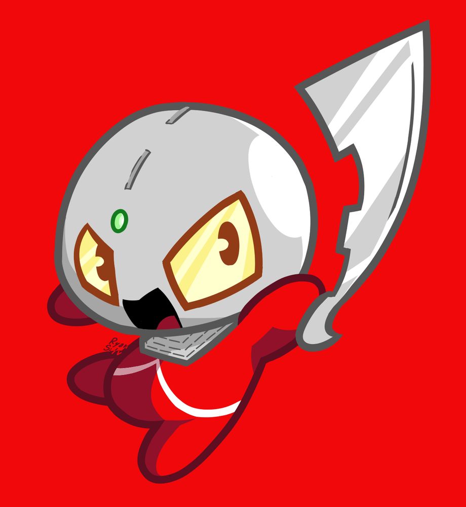 A digital illustration of a chibi version of Ultraseven. He is shown holding out his eye-slugger above his head.