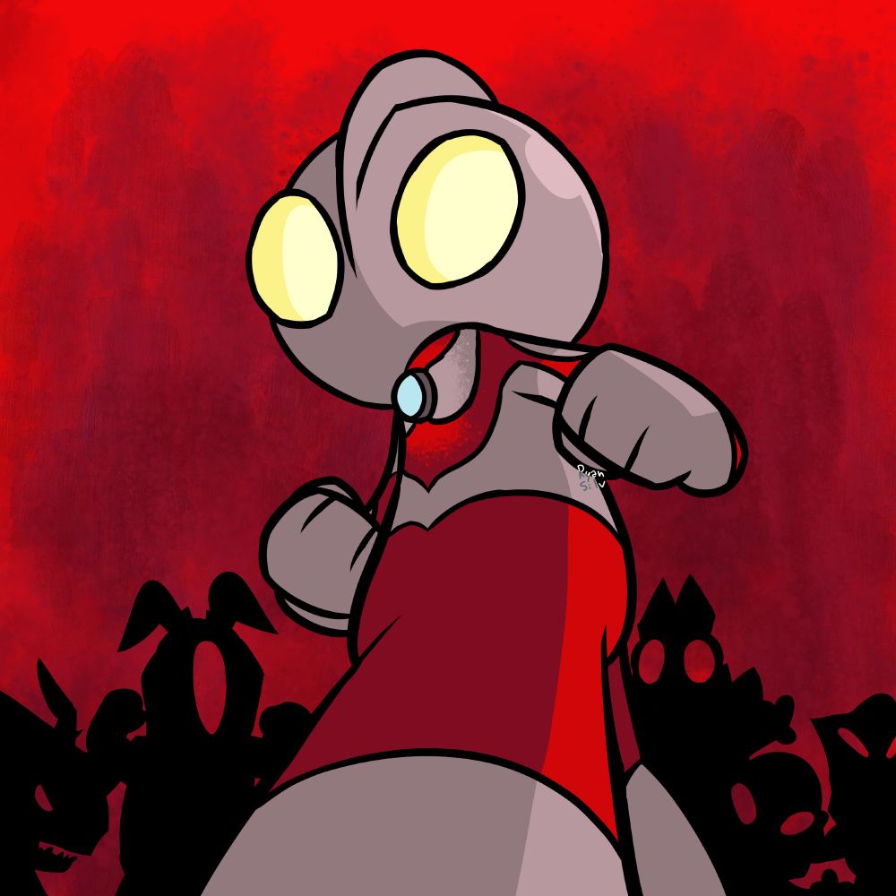 Digital illustration of Ultraman. He is shown slightly from below, in a fighting pose. Behind him is the silhouettes of (from left to right): Neronga; Alien Zetton; Alien Baltan; Dada; and Alien Mefilias.
The background is a red mist, similar to the one featured in the opening sequence of the original 1966 Ultraman series.