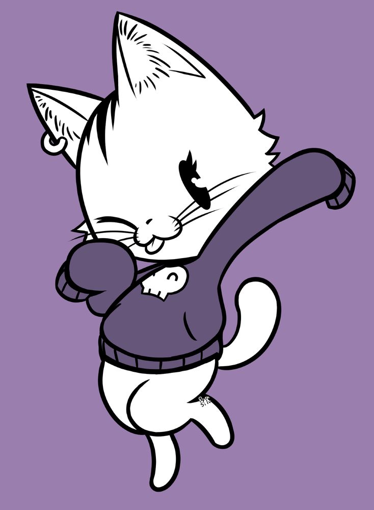 A digital illustration or a cat wearing an oversized purple hoodie, with a smiling skull featured in the chest area, and a earring in her right ear. She is shown posing towards the viewer.