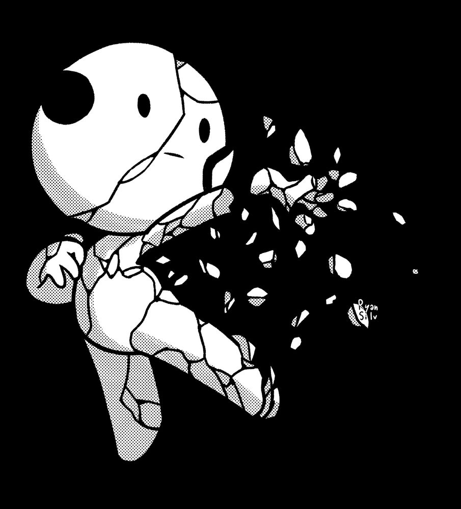 A digital illustration of a character with a waxing crescent moon like head, "Moonie", with multiple cracks through her body and small bits of it separating and floating away. Moonie is shown with her arm stretched out while her hand is separated from it and breaks down into smaller pieces. Her overall pose is very loose and it seem she is not bothered or concern about her body being shattered, reflecting the name of the piece "Desire to be shattered", and it seems something she wanted to happen. 
The work is, overall, a representation of multiple emotions felt by the artist. The "Desire to be shattered" is actually a reflection of the artist's desire to disappear and be forgotten.