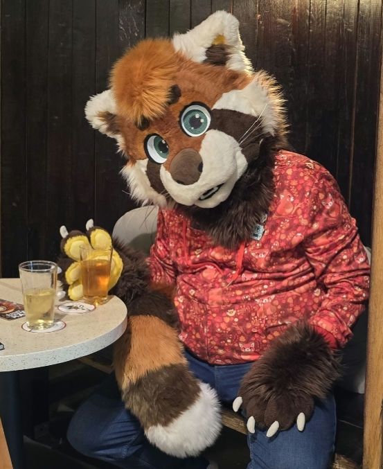 Burbley the Red Panda enjoys a pint of cider.