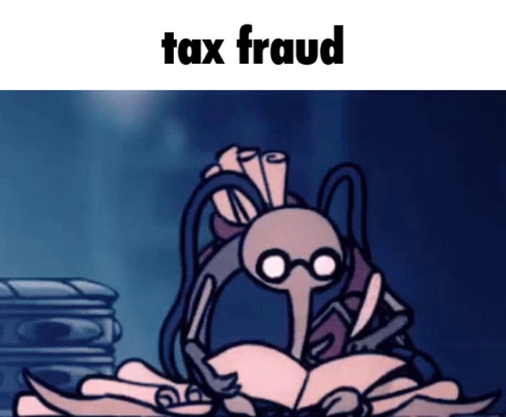 a cartoon drawing of a skeleton reading a book with the words tax fraud written above it