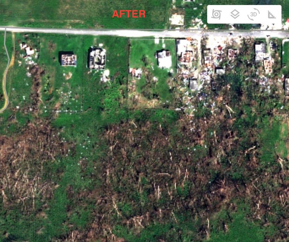 Satellite imagery of November, 1, 2025 after hurricane Melissa hit this Jamaican neighborhood. All trees brought down, all houses lost roof or destroyed. Source: https://mapping.emergency.copernicus.eu/activations/EMSR847/