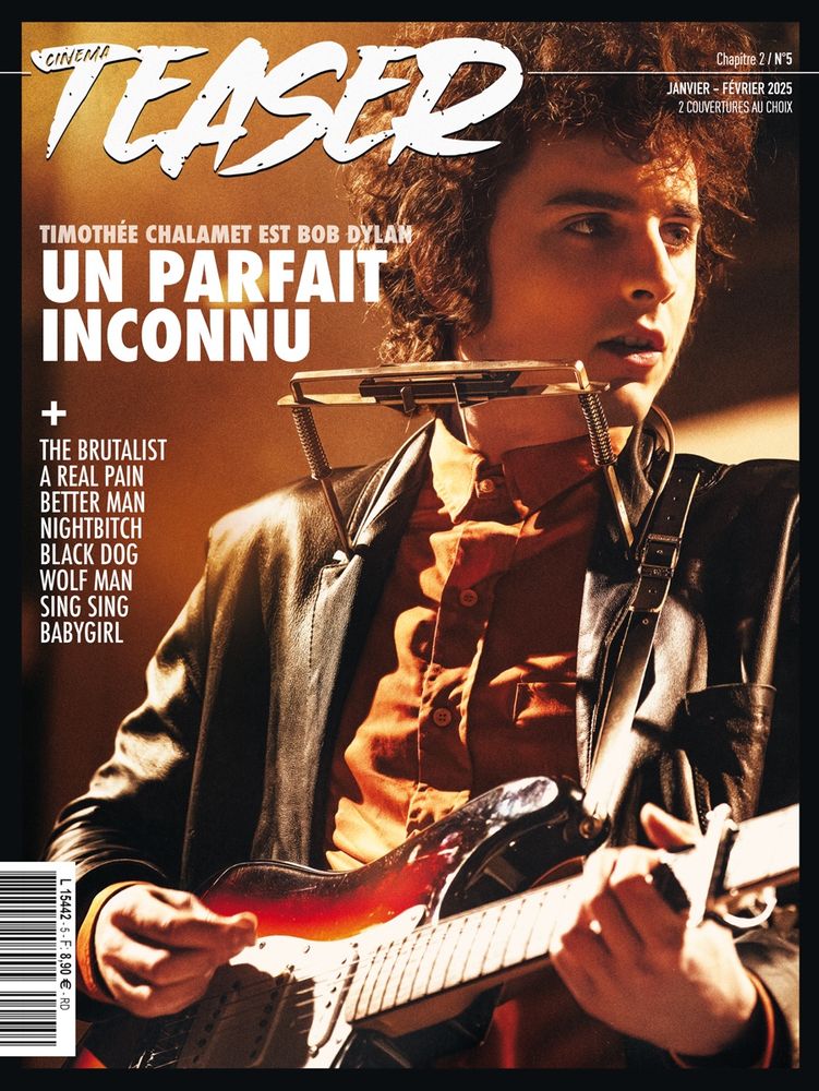 Couverture de Cinemateaser n°5. Timothée Chalamet en Bob Dylan, tient une guitare