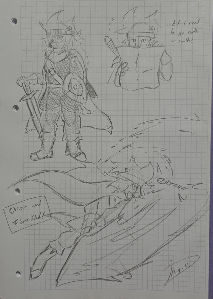 traditional sketches of an anthro sea otter wearing an attire similar to that of the Hero's from Dragon Quest 3