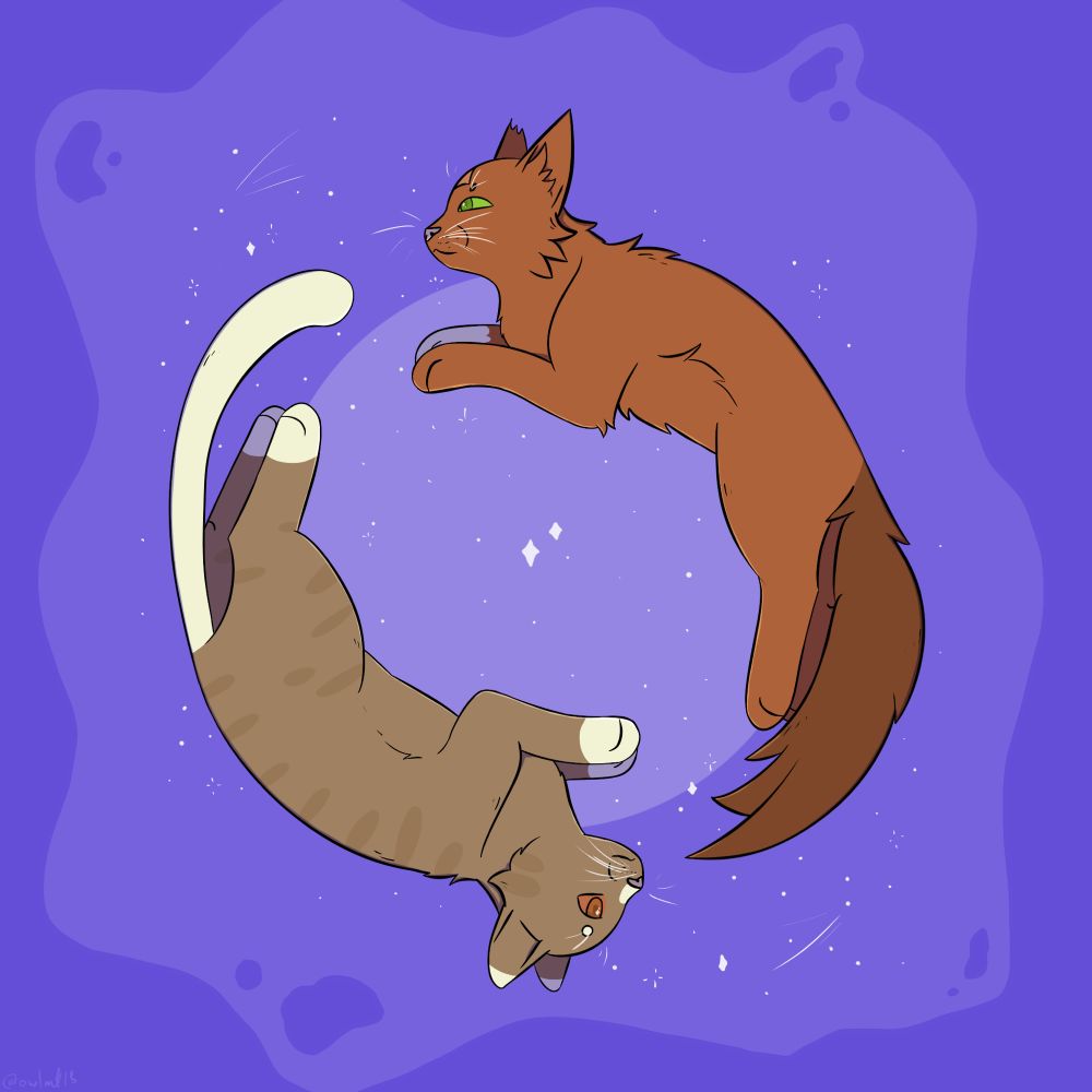 A drawing of Squirrelstar and Leafpool from Warrior Cats with a starry background