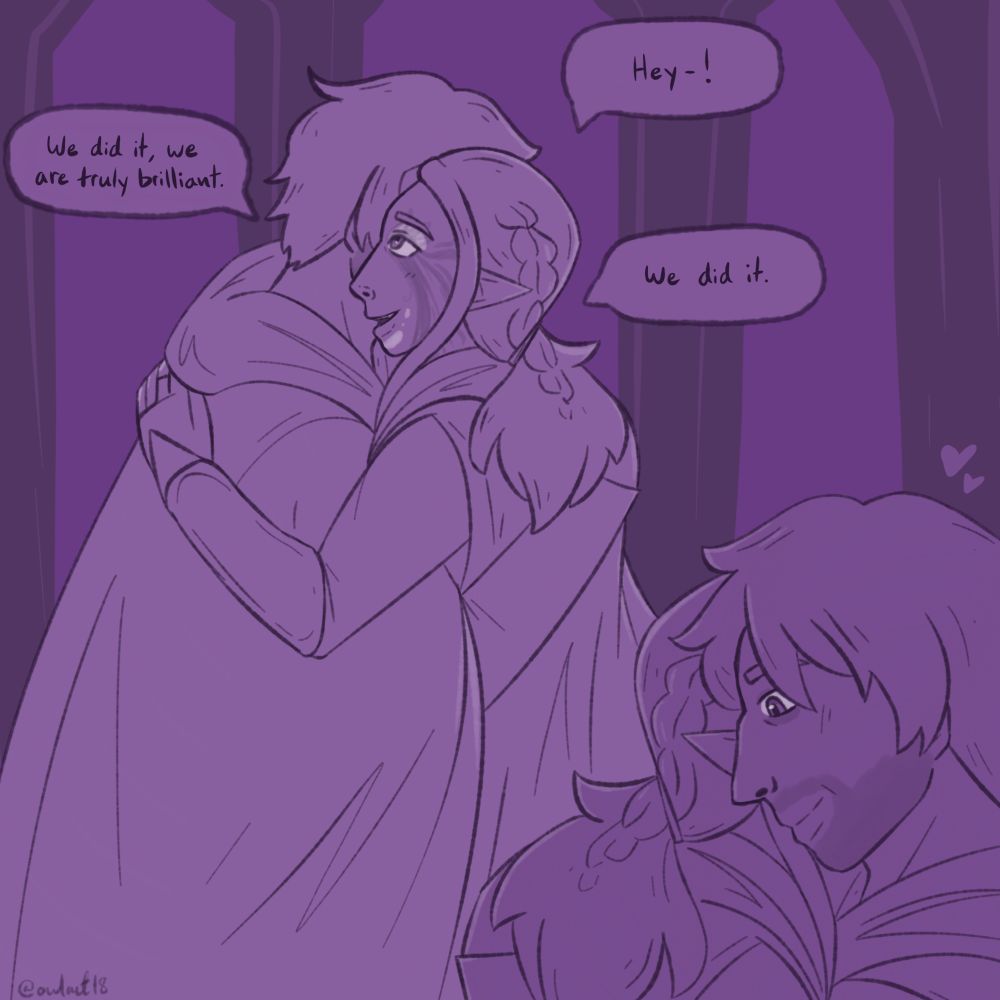 Drawing of Gortash and my durge from Bg3. Text reads: “Hey-!” “We did it, we are truly brilliant.” “We did it”