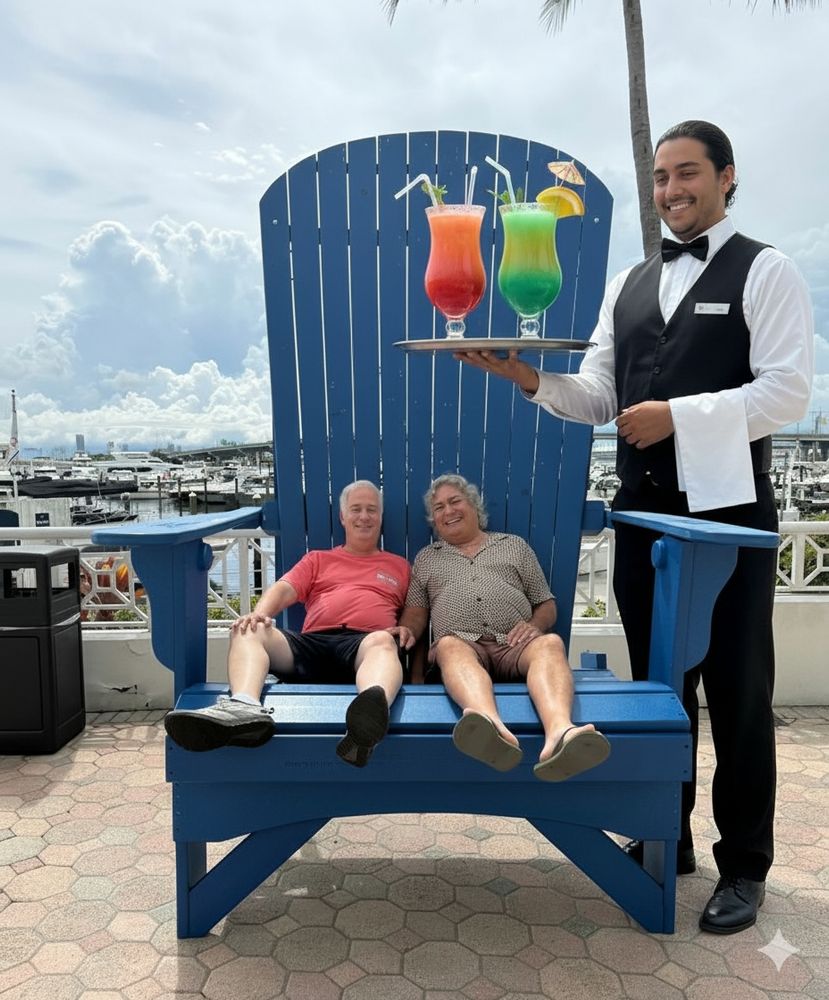 Jon Cooper's original photo altered to have a giant server with tropical drinks on a tray.