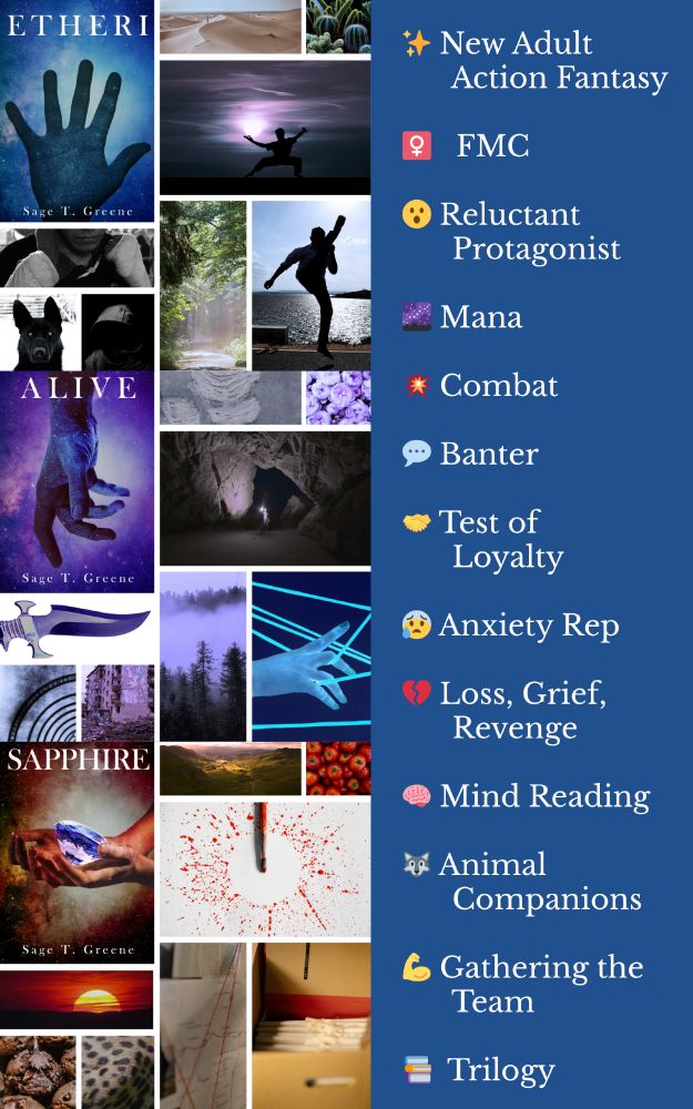 Mood boards for each book in the ETHERI Trilogy and some notes of what you'll find in the trilogy. You will find: New Adult Action Fantasy, FMC, Reluctant Protagonist, Mana, Combat, Banter, Test of Loyalty, Anxiety Rep, Loss, Grief, Revenge, Mind Reading, Animal Companions, Gathering the Team, Trilogy. Mood board for Etheri. Book cover (hand reaching up, stars/magic). A desert. Desert plants. Combat fighting (kicking, fists raised). Mana/magic fighting (glowing orb). A forest trail. A black dog with white eyes. A mysterious hooded figure. Mood board for Alive (Etheri Book 2) by Sage T Greene. A hand with a galaxy background. Ripped fabric. Peonies. Someone standing in a dark cavern and holding a torch. A knife. A misty forest. A hand with glowing strings. A bombed building. Mysterious circles. Mood board for Sapphire (Etheri Book 3). Hands holding a sapphire with a galaxy background. A valley. Tomatoes. A paintbrush with paint splattering out. A sunset. Strings on a map. Chocolate muffins. Spotted fur. Files in a box.